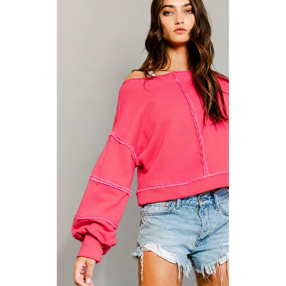 Free People Hot Pink Cropped Balloon Sleeve Sweatshirt Size Small
